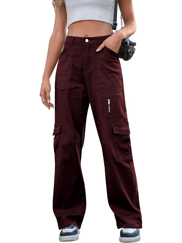 Women's Burgundy Denim Y2k High Waist Wide Leg 7 Pockets Baggy Jeans